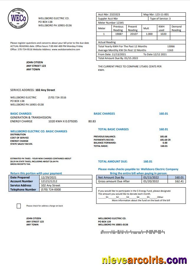 USA Pennsylvania Wellsboro Electric utility bill